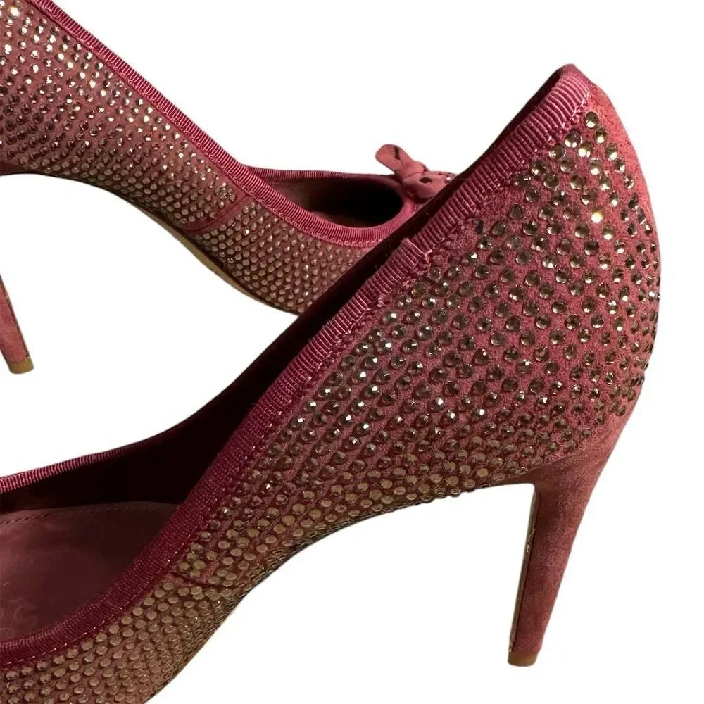 Tory Burch Phoenix Charm Pink Crystal Suede Pumps Size 8.5 Women's Party Heels